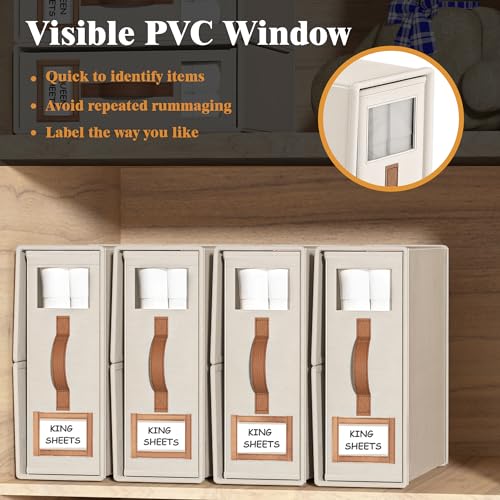 BigPonPon 4 Pack Foldable Bed Sheets Set Organizers and Storage(King & Queen Size),Linen Fabric Closet Organizers with Window,Folding Bedding Storage Box for Bedsheets and Pillow Cube Organizer-Beige BigPonPon