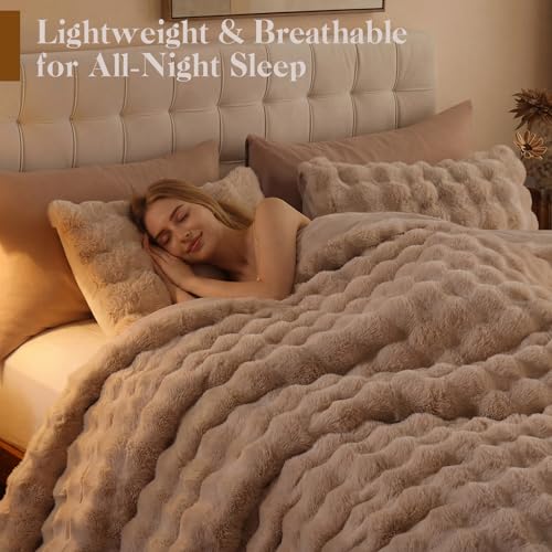 YIKUSH Linen Comforter Set Full - Luxurious Faux Fur Comforter for Winter, Fluffy Comforter Queen Set with 2 Pillowcases, Soft Warm Linen Bedding Set YIKUSH