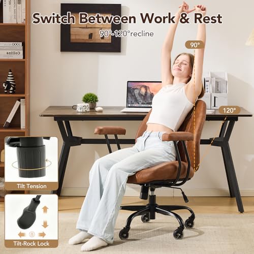 YFO Home Office Desk Chair Office Rubber Casters Ergonomic Computer Chair with Lumbar Support Adjustable Height Rolling Swivel Executive Task Armrests Chair， Brown Leather YFO