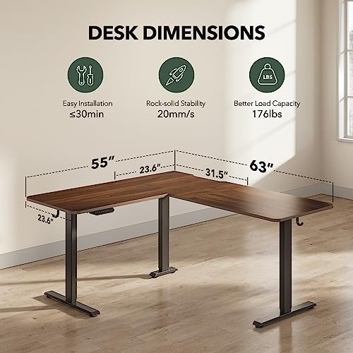 FEZIBO 63" L Shaped Standing Desk Height Adjustable, Electric Stand up Corner Desk, Sit Stand Home Office Desk with Splice Board, Black Frame/Black Walnut Top - WoodArtSupply