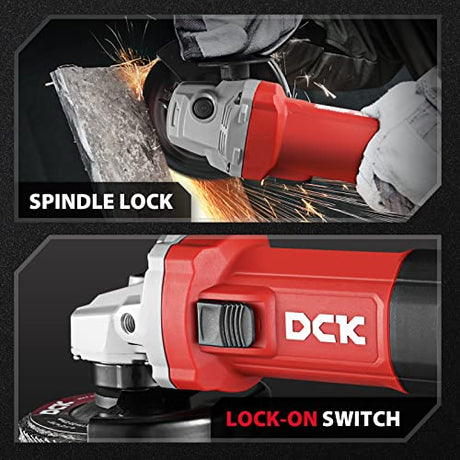 DCK Angle Grinder, 9.2Amp 4-1/2-Inch Corded Angle Grinder, 11,800 RPM with 2 Safety Guards, 6 Piece Discs (2 Cutting/ 2 Grinding/ 2 Flap Discs), Professional Angle Grinder for Metal, Wood (KSM17-115B） DCK