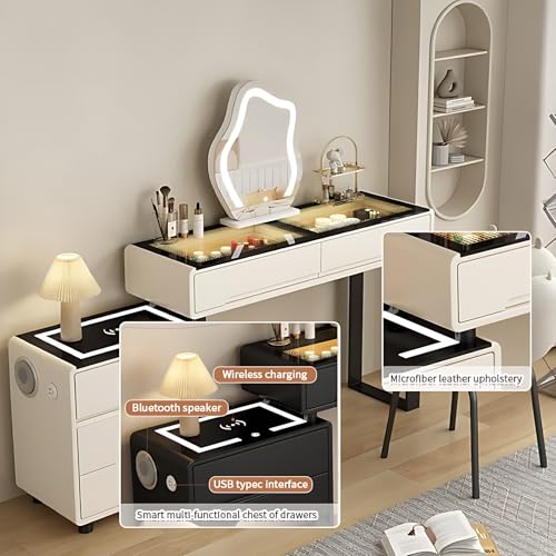 ZGNBSD Smart Vanity Table with Drawers - Vanity Set | Equipped with Charging Station & Speaker | Multi-Layer Solid Wood Material | Includes LED Makeup Mirror and Chair ZGNBSD