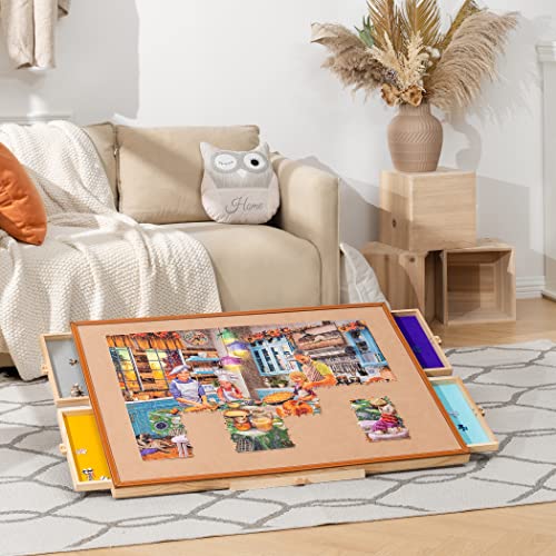 Tektalk Jigsaw Puzzle Table with Leather Bar, Wooden Plateau Portable Puzzle Board Saver with Embedded Adjustable Stand/Bracket and Removable Cover, 4 Sorting Drawers, for Up to 1500 Pieces Tektalk