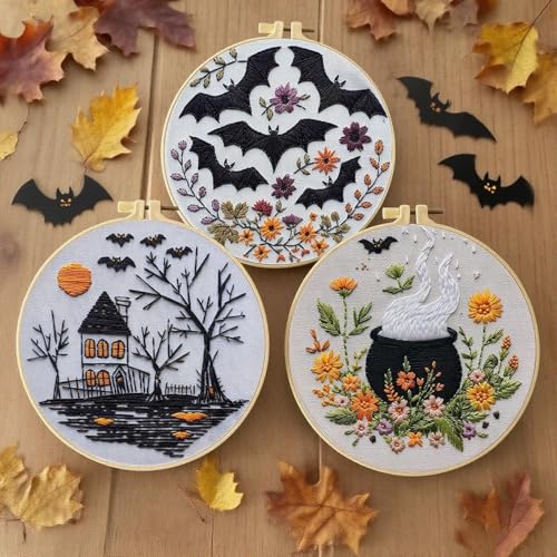 4 Set Halloween Embroidery Kit, Halloween Crafts for Adults, DIY Cross Stitch Craft Kit, with Needles and Thread Included (# A)