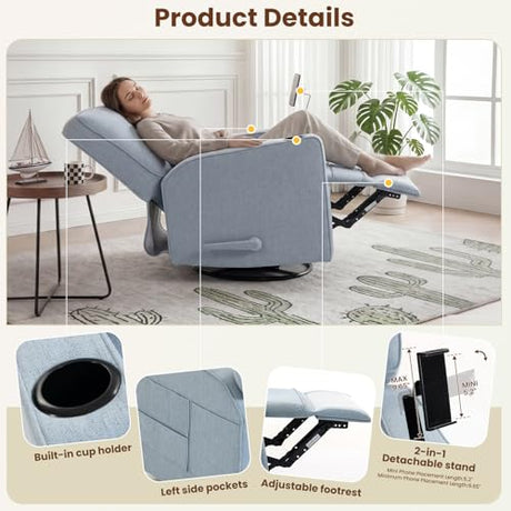 360° Swivel Rocker Recliner Chair with Adjustable Footrest, Rocking Chair Nursery with Phone Stand & Cup Holder,Manual Nursing Chair Glider Recliner Armchair for Adults, Living Room (Blue) FiveWillowise