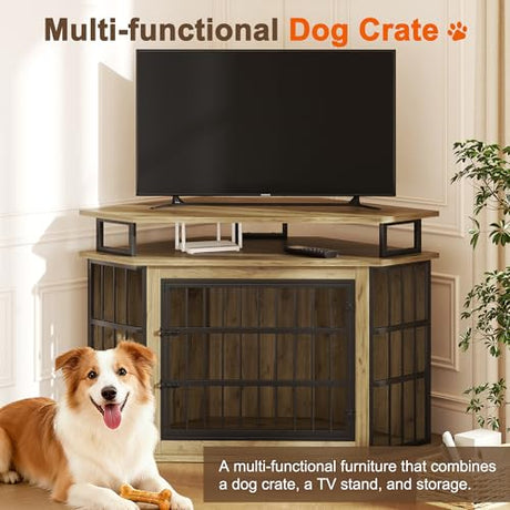 51" Corner Dog Crate Furniture, Wooden Dog Kennel Furniture with 2-Tier Shelves, Decorative Wood Dog House for Small/Medium/Large Dog, Space-Saving Dog Cage for TV Stand（Oak） VONZOY