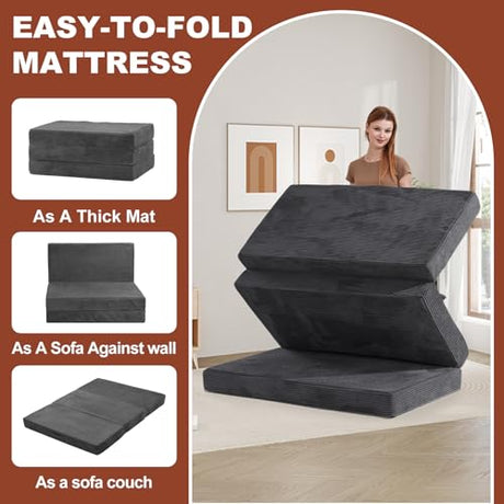 6-Inch Tri-Fold Foldable Mattress, Folding Sofa Bed with Removable Washable Cover, Portable Futon Mattress Full Size Floor Guest Mat with Non-Slip Bottom & Carry Handles for Camping (Grey, Queen) AOLVDOW