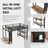 ICIUIOIR Queen Loft Bed Frame with Shelves, Drawers, Pegboard and Wardrobe, All-in-One Black Storage Loft Beds for Adults, MDF + Metal Bed Frame, Space-Saving Design for Bedroom/Queen ICIUIOIR