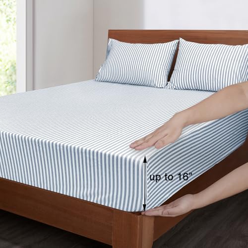 Mejoroom Striped Full Size Sheets - 1800TC Luxury Full Sheets with 16 Inch Deep Pocket - Premium Bedding Collection - Extra Soft, Breathable, Wrinkle, Fade & Stain Resistant - 4 Piece (Blue Stripe) Mejoroom