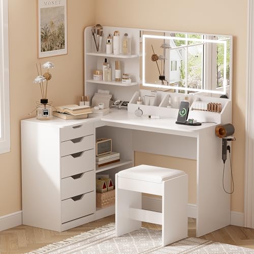 YESHOMY Vanity Desk with Lights and Mirror, L Shaped Makeup Table with Stool, Dresser with Hairdryer Holder and Power Outlet, Adjustable 3 Lighting Modes, 5 Drawers and Open Storage Shelves, White