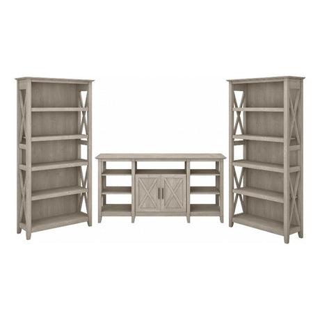 Bush Furniture Key West Tall TV Stand with Set of 2 Bookcases in Washed Gray, Farmhouse Entertainment Center for 65 Inch Television Bush Furniture