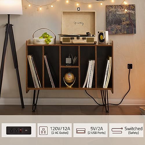 Leesingdo Large Record Player Stand with Vinyl Storage, Retro Brown Record Player Table with Power and USB Port, Holds Up to 200 Albums, Turntable Stand Vinyl Record Player Storage Cabinet Leesingdo