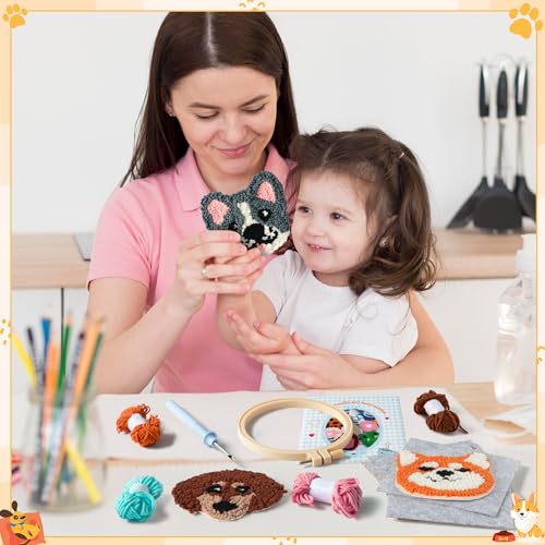 WATINC Puppy Punch Needle Coaster Kit - 6 Patterns Dog Punch Needle Embroidery Craft Kit, DIY Felting Coaster for Adults Beginners with Adhesive Yarns Fabric Felt Hoop Tools Instruction
