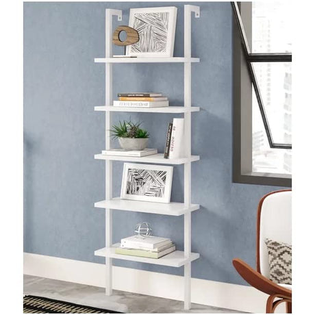 Karl home Ladder Shelf 5 Tier Wall Mounted Bookcase with Metal Frame, Open Design Shelves for Living Room, Bedroom, Home, Office, White (23.62" L x 11.81" W x 70.87" H) Karl home