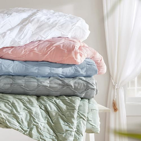 Comfort Spaces Comforter for King Size Bed, Ogee Ruched with Crinkle Texture, Breathable Comforter Set King, All Season Lightweight Bedding Set, Shams, Décor Pilow, King/Cal King Blue 4 Piece Comfort Spaces
