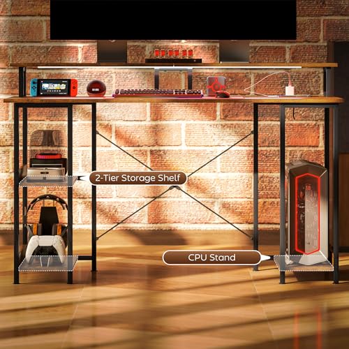 HOMCOM 55" Gaming Desk with Power Outlets and LED Lights, Reversible Computer Desk with Monitor Stand and 2-Tier Storage Shelves, Cable Management, for Home Office, Rustic Brown HOMCOM