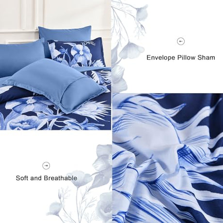 Luxudecor Floral Comforter Set King Size 7 Piece, Navy Blue Flower Bed in a Bag, Elegant Floral Comforter with Sheet Set, Soft Microfiber Bedding Set for All Season (Navy Blue, 104"x90") Luxudecor