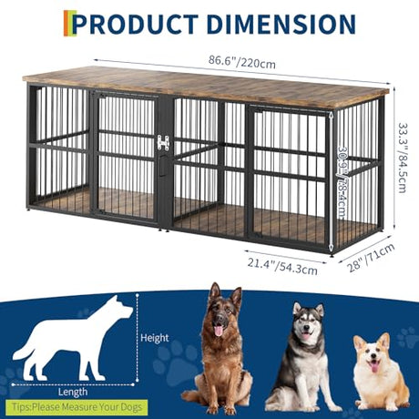Garvee 87 in Extra Large Double Dog Crate Furniture with Divider, Heavy Duty Indoor Double Dog Cage with 3 Doors, XXL Wooden Pet House TV Stand for 2 Pets, Black+Brown Garvee
