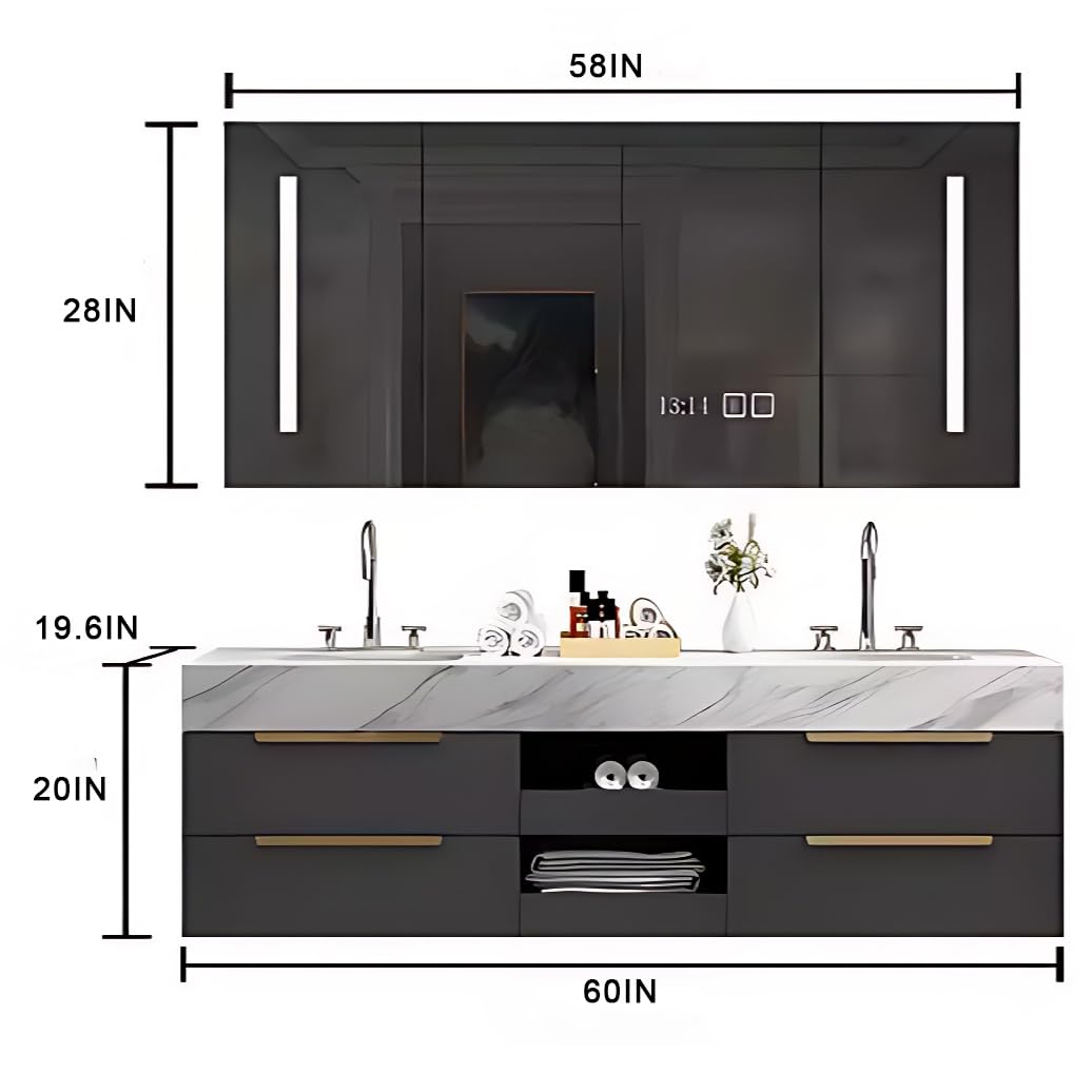 Kadaligh 60IN Modern Double Sink Bathroom Vanity - Floating Bathroom Vanity Cabinet Include 2 Sink Designs & Dressing Mirror Cabinet with LED | 4 Large Drawers & Golden Handles, Grey Kadaligh