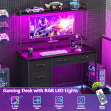 Korfile Computer Gaming Desk with Hutch, Home Office Desk with Power Outlets, LED Light, 5 Storage Drawers, 2 Tiers Shelves for Display, 39 Inch Modern Study Writing Table for Bedroom, Black Korfile