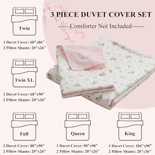 LifeTB Cotton Floral Duvet Cover Queen Girl Pink Flower Bedding Sets Garden Style Cotton Floral Comforter Cover Pink White Floral Bedding Sets Flower Branches Pattern Duvet Cover with Zipper Closure LifeTB