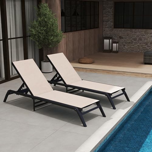 Murago Outdoor Chaise Lounge Chair Set of 2, No Assembly Foldable Lightweight Patio Lounge Chair, 5-Position Adjustable Backrest, Pool Lounge Chairs for Poolside, Beach, Patio, Lawn, Khaki