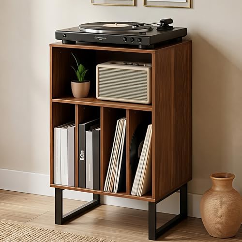 Record Player Stand with Vinyl Storage Cabinet, Turntable Table for Albums & LPs - Modern Media Console | Furniture for Living Room, Bedroom & Office | Dark Walnut FurnPulse