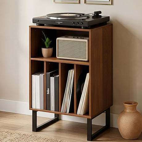 Record Player Stand with Vinyl Storage Cabinet, Turntable Table for Albums & LPs - Modern Media Console | Furniture for Living Room, Bedroom & Office | Dark Walnut FurnPulse
