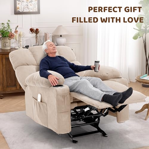Massage Rocking Recliner Chair, Ergonomic Recliners Sofa with Vibration Massage & Heat, Rocking Chair Nursery Chair for Living Room Lounge with 4 Pockets, 2 Cup Holdersrt, Beige