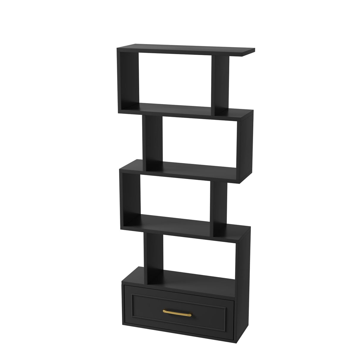 5-Tier Bookshelf, 59” Tall S Shaped Bookcase with Drawer, Freestanding Room Divider with Anti-Tipping Device, Wood Geometric Open Storage Display Shelf for Living Room,Study Room,Home Office(Black) HOTLUU