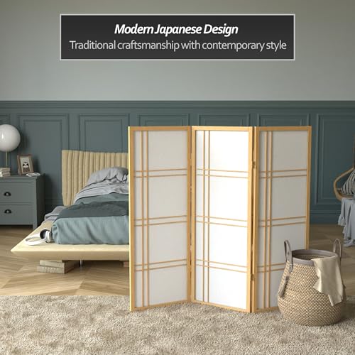4 ft. Short Double Cross Shoji Screen - Natural - 3 Panels Red Lantern