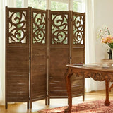 Svimi Folding Room Divider, 5.6Ft 4 Panels Wood Carved Privacy Screens, Free Assembled Freestanding Portable Reversible Functional Decorative Partition for Home Office Restaurant Bedroom (Brown) Svimi