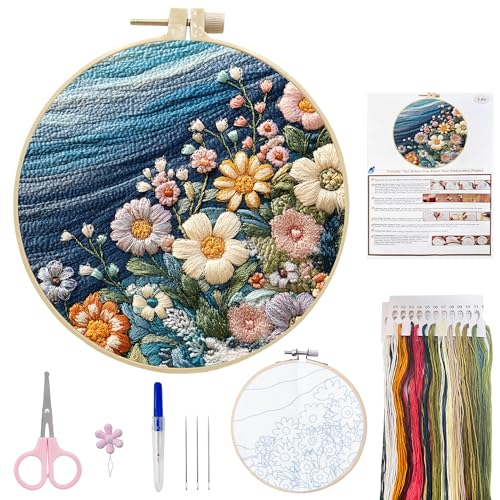 HINITOYOU Embroidery Kit, Seaside Flower Cross Stitch Kits Embroidery Starter Kit Needlepoint Kits for Adults with Stamped Pattern, Bamboo Hoops, Scissors, Needles Instructions