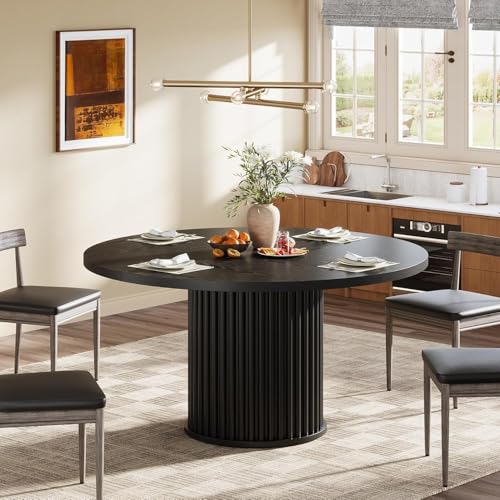 Tribesigns 47.24-Inch Black Round Dining Table for 4-6 People, Modern Fluted MDF + Metal Base Kitchen Table, Sturdy Circle Dining Room Furniture, Black Tribesigns