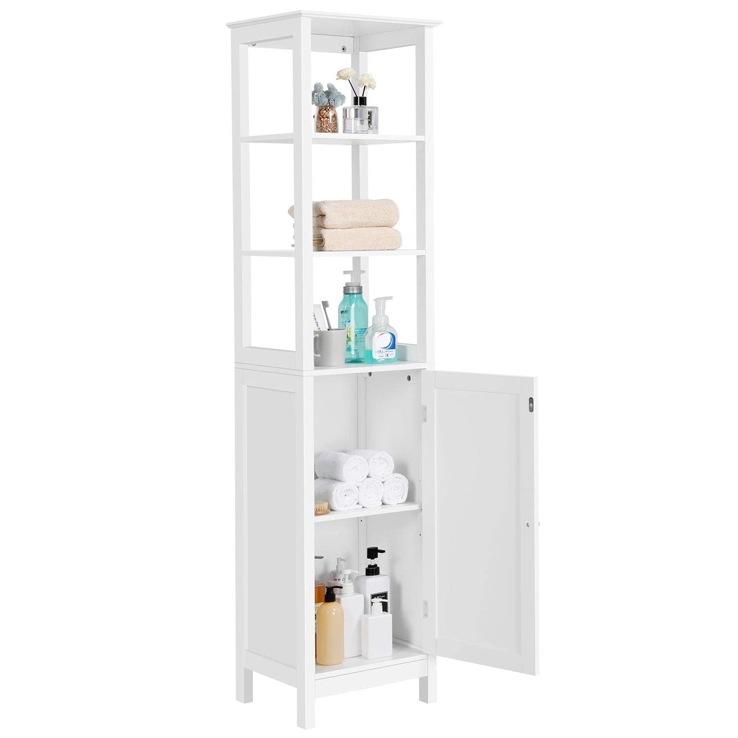 Yaheetech Bathroom Floor Cabinet, Wooden Tall Freestanding Cabinet with 3 Tier Shelves and Door Organizer, Elegant Linen Tower Rack Stand for Living Room, 63 in Height, White