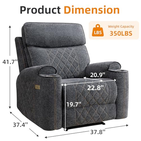 EBELLO Power Recliner Chair, Electric Fabric Reclining Sofa with Cup Holders, USB Type-C Charging Ports, for Small Living Room, Bedroom and Meeting Room, Grey EBELLO