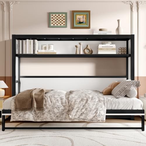 Metal Twin Size Murphy Bed with Shelves, Metal Foldable Wall Bed Chest Bed, White Bellemave