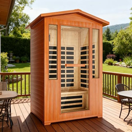 2 Person Far Infrared Sauna, Outdoor Sauna Red Cedar Wood, 2080W Low EMF 110V with 8 Heaters, Chromotherapy Lights, Oxygen Bar, Control Panel & Beauty Light for Yard, Deck, Pool, 48.8 * 38.2 * 81.9 In LINKHOO
