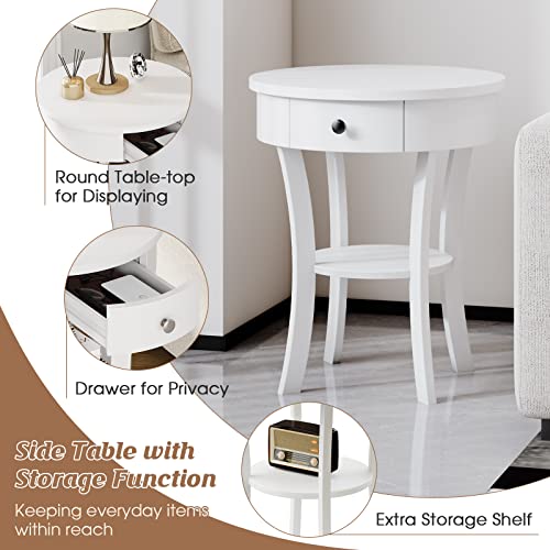 Giantex Round End Table with Drawer, 2-Tier Wood Side Table w/Open Shelf, Small Sofa Side Table for Small Space, Multipurpose Accent Table for Bedroom Living Room Home (1, White) - WoodArtSupply