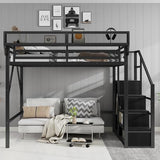 KEIKI Queen Size Metal Loft Bed Frame with Convertible Staircase, Built-in Storage Shelves and Wardrobe, Loft Bed with Solid Slats, Guardrail, No Box Spring Required, Easy Assembly, for Bedroom, Black KEIKI