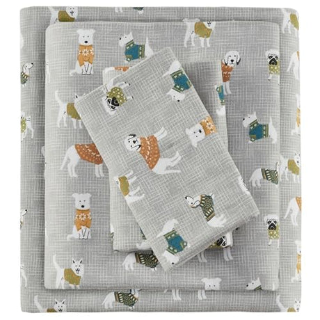 True North by Sleep Philosophy Cozy Flannel Warm 100% Cotton Sheet - Novelty Print Animals Stars Cute Ultra Soft Cold Weather Bedding Set, Full, Grey Dogs 4 Piece Sleep Philosophy
