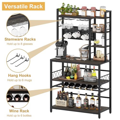 Aubtik Wine Rack Freestanding Floor, Liquor Bar Cabinet with Storage, Coffee Bar Table with Glass Holder，Bakers Stand for Home, 33.5" Wide (Walnut Brown)