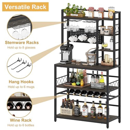 Aubtik Wine Rack Freestanding Floor, Liquor Bar Cabinet with Storage, Coffee Bar Table with Glass Holder，Bakers Stand for Home, 33.5" Wide (Walnut Brown)