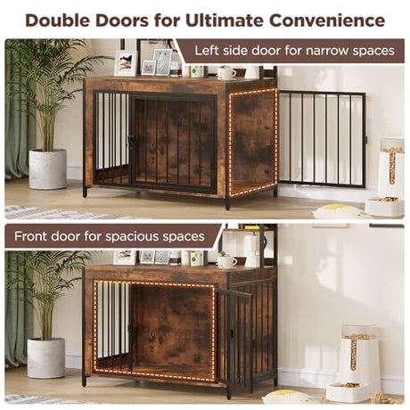 Halitaa 38.6" Dog Crate Furniture with Storage Shelves, Double Doors, Heavy Duty Dog Kennel Furniture for Large/Medium/Small Dogs, Wooden Dog Cage Pet House with Hooks, Rustic Brown Halitaa