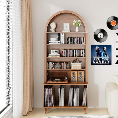 Limaoaio Large Record Player Stand with Vinyl Storage,6-Tier Arched Record Player Table Holds Up 350+ Albums, Turntable Stand with CD/DVD Rack,Vinyl Record Storage for Living Room(Walnut, 31.49''W) Limaoaio