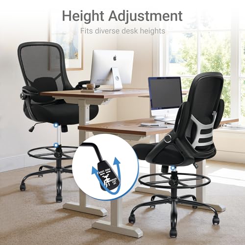 HYLONE 400lbs Big and Tall Heavy Duty Drafting Chair 5" Thickened Seat Tall Office Chair Flip-Up Armrests Ergonomic Chair with Lumbar Support and Adjustable Footrest Ring Standing Desk Chair (Black) HYLONE