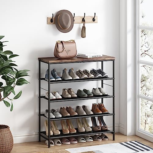 INGIORDAR Shoe Rack Organizer 5 Tier Metal Organizer Shelf with Industrial MDF Board and Layer Fabric for Entryway Closet Bedroom Living Room Garage,Black & Rustic Brown - WoodArtSupply