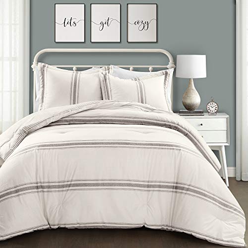 Lush Decor Stripe Reversible Cotton Comforter Set, Cozy Farmhouse Bedding Set, Full/Queen, Gray, 3 Piece Set Lush Decor