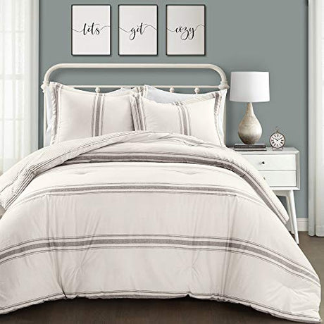 Lush Decor Stripe Reversible Cotton Comforter Set, Cozy Farmhouse Bedding Set, Full/Queen, Gray, 3 Piece Set Lush Decor