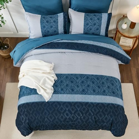 Dinjoy Navy Blue King Size Comforter Set,Striped Bed in a Bag King 7 Pieces Soft Microfiber Fall Bedding Comforters Sets with Sheet Boho Bed Complete Set for Men All Season Dinjoy